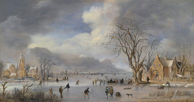 Aert van der Neer A winter landscape with skaters and kolf players on a frozen river,